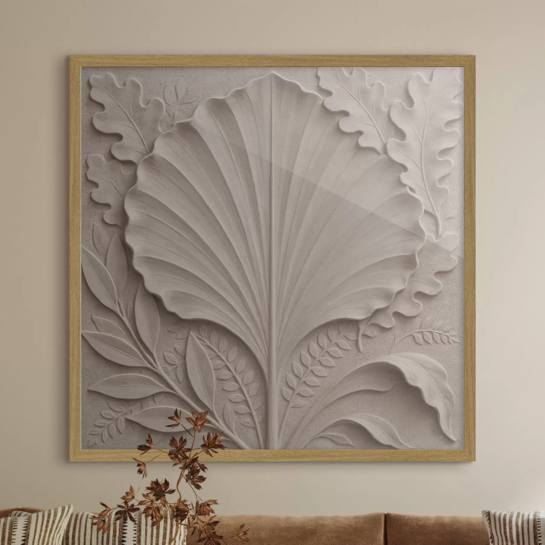 Fototapete Ein botanisches Muster mit dekorativen Blättern in Beige- und Sandtönen f50012