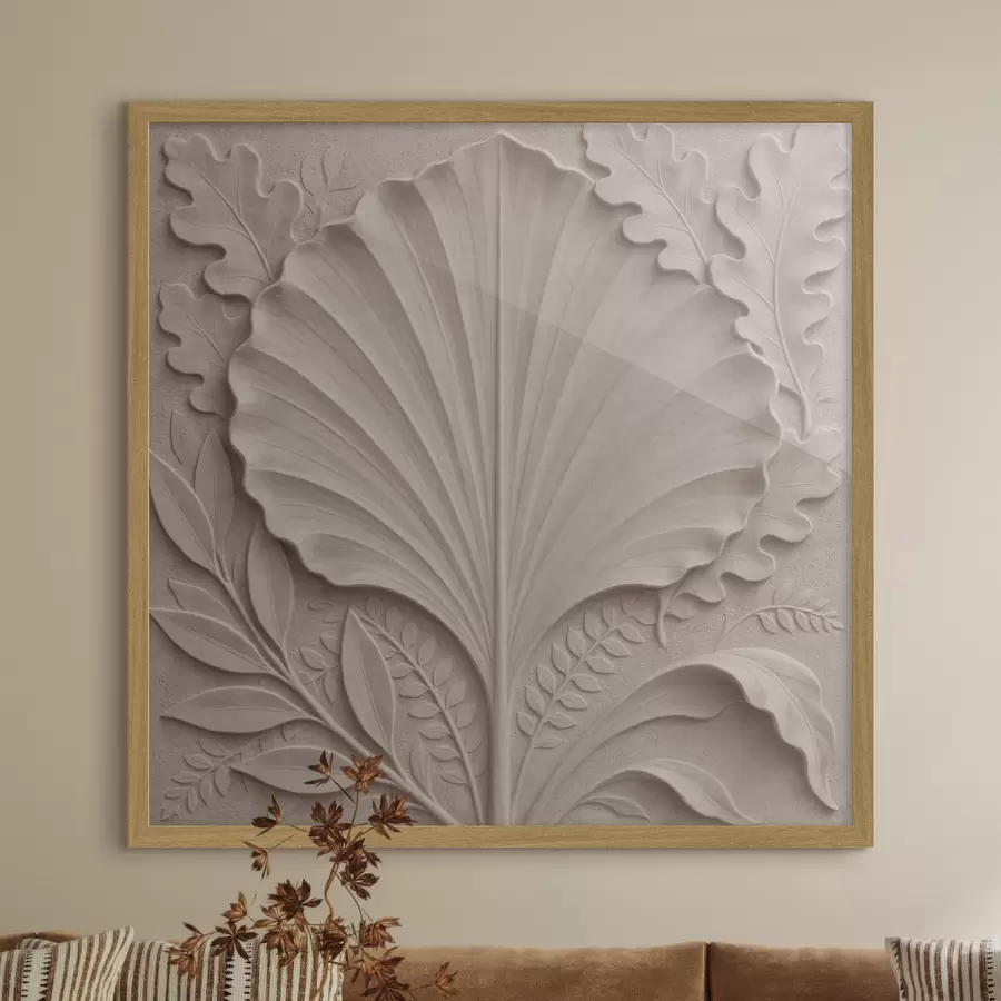 Fototapete Ein botanisches Muster mit dekorativen Blättern in Beige- und Sandtönen f50012