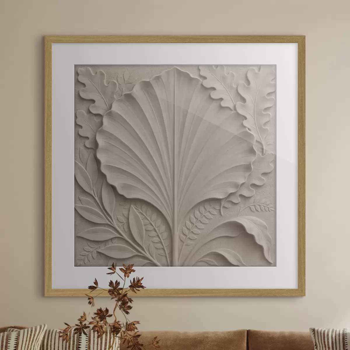 Poster Ein botanisches Muster mit dekorativen Blättern in Beige- und Sandtönen f50012