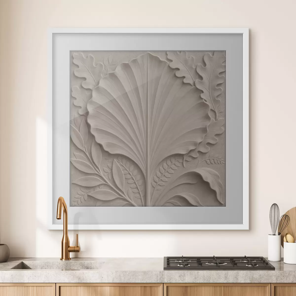 Poster Ein botanisches Muster mit dekorativen Blättern in Beige- und Sandtönen f50012