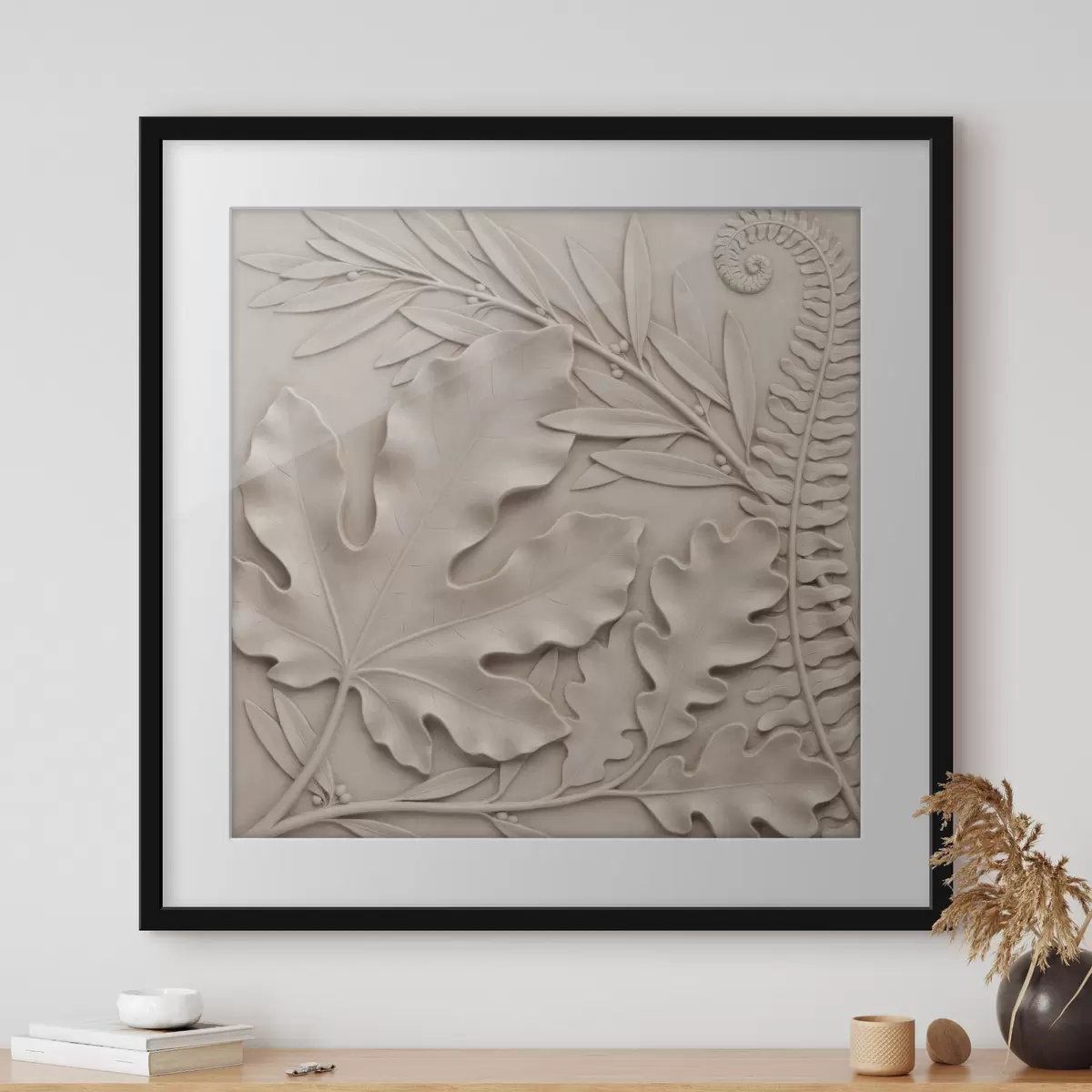 Poster Ein plastisches botanisches Arrangement mit strukturierten Blättern und Zweigen im Flachreliefstil f50013