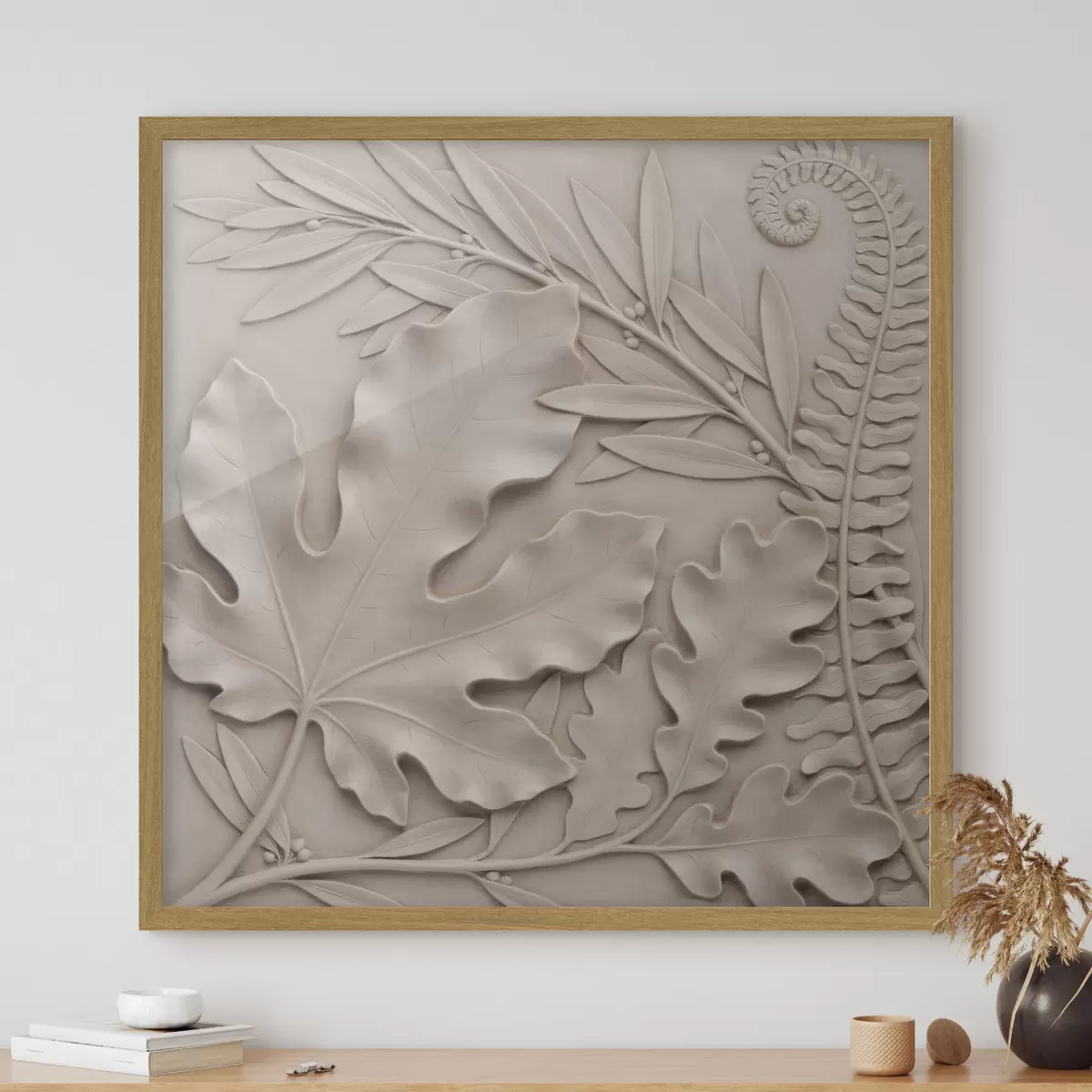 Poster Ein plastisches botanisches Arrangement mit strukturierten Blättern und Zweigen im Flachreliefstil f50013