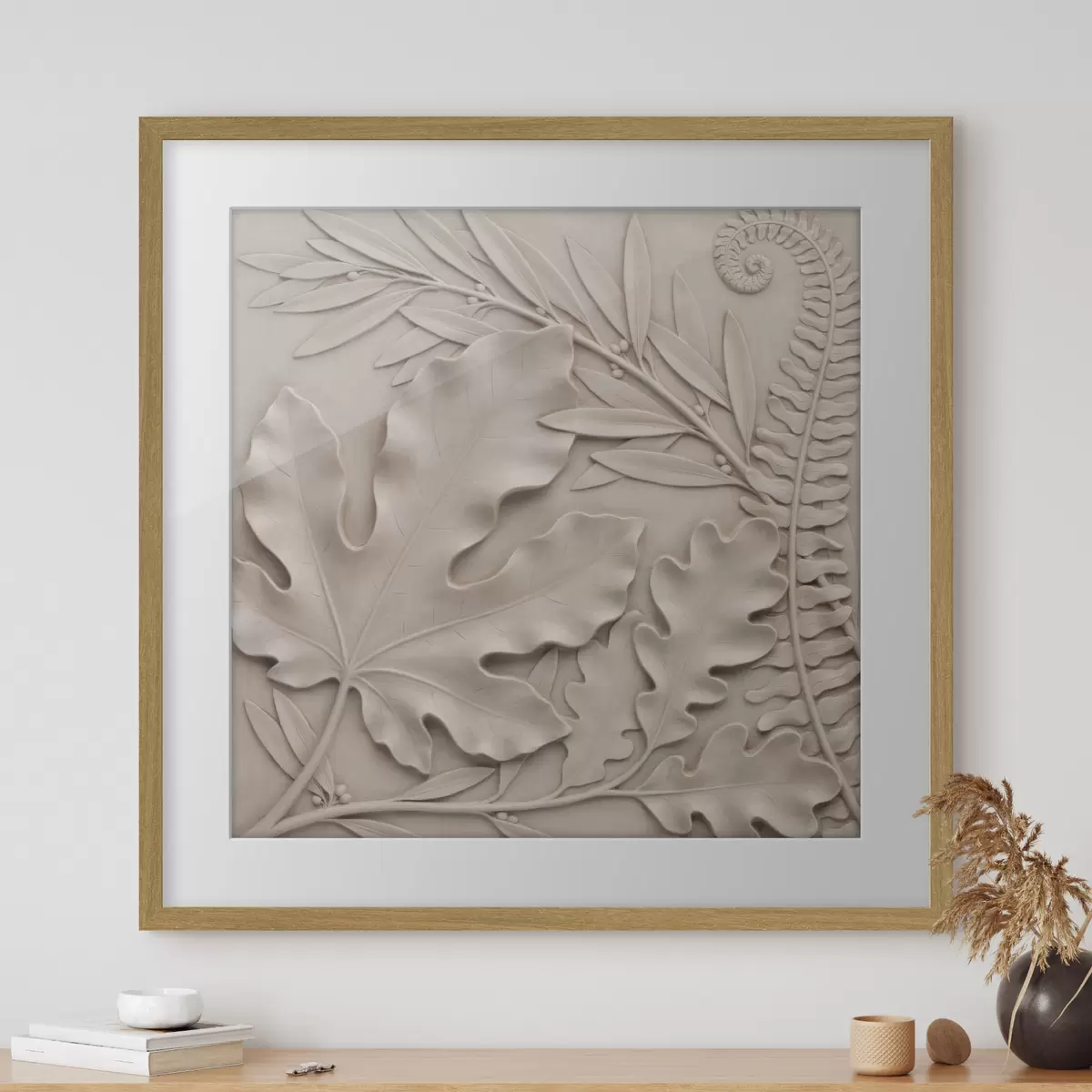 Poster Ein plastisches botanisches Arrangement mit strukturierten Blättern und Zweigen im Flachreliefstil f50013