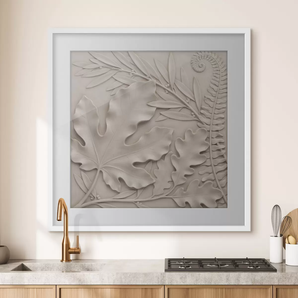 Poster Ein plastisches botanisches Arrangement mit strukturierten Blättern und Zweigen im Flachreliefstil f50013