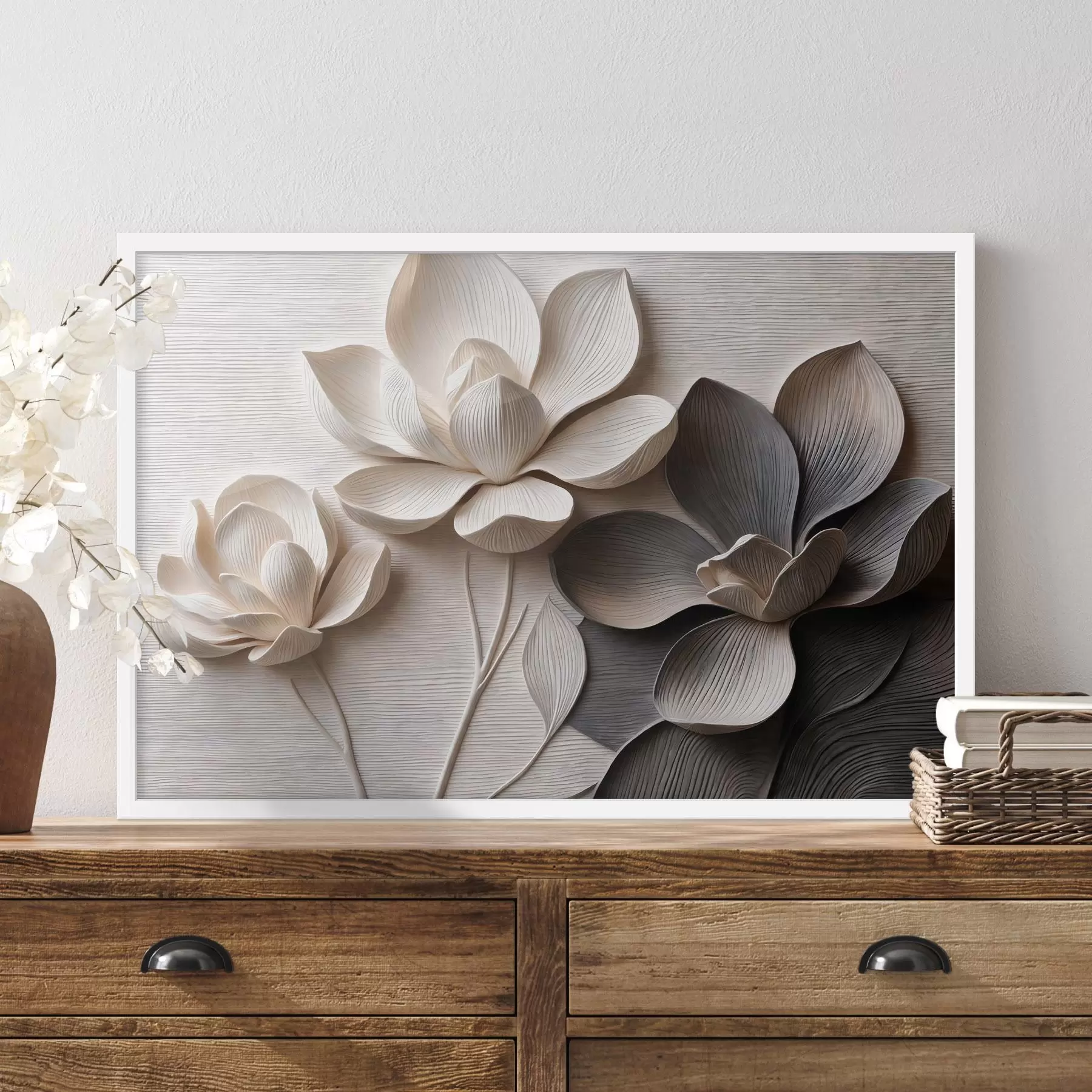 Fototapete Dekorative Blumenreliefs in hellen Creme- und Graphitfarben f50014