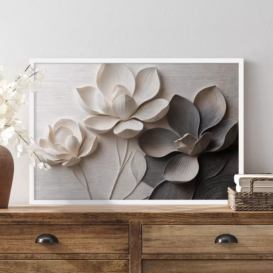 Fototapete Dekorative Blumenreliefs in hellen Creme- und Graphitfarben f50014
