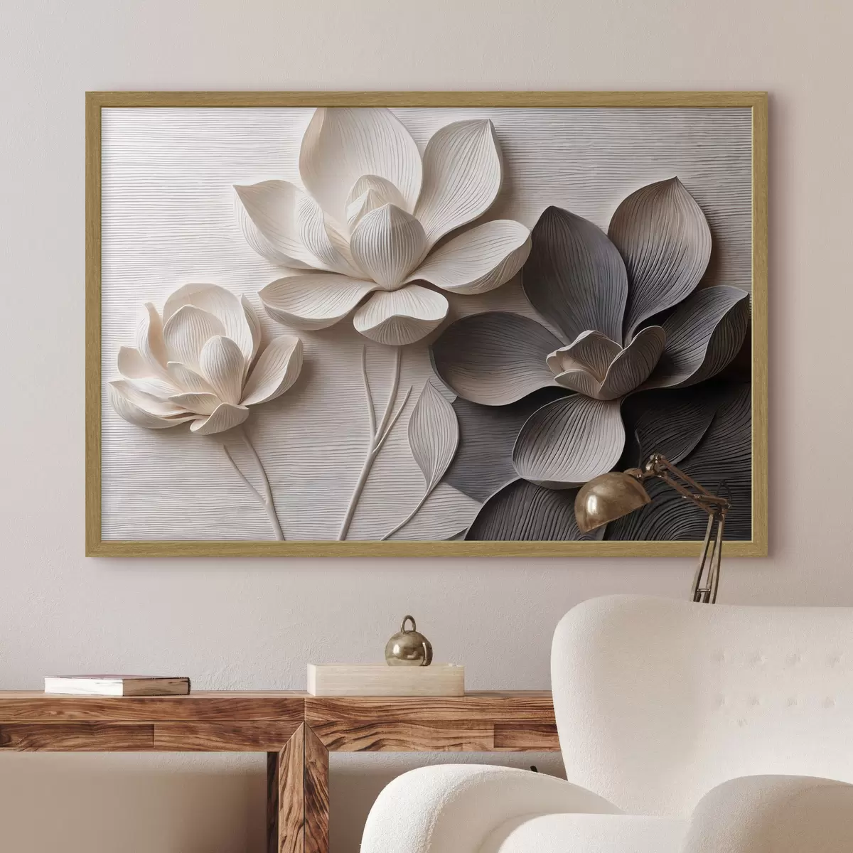 Poster Dekorative Blumenreliefs in hellen Creme- und Graphitfarben f50014