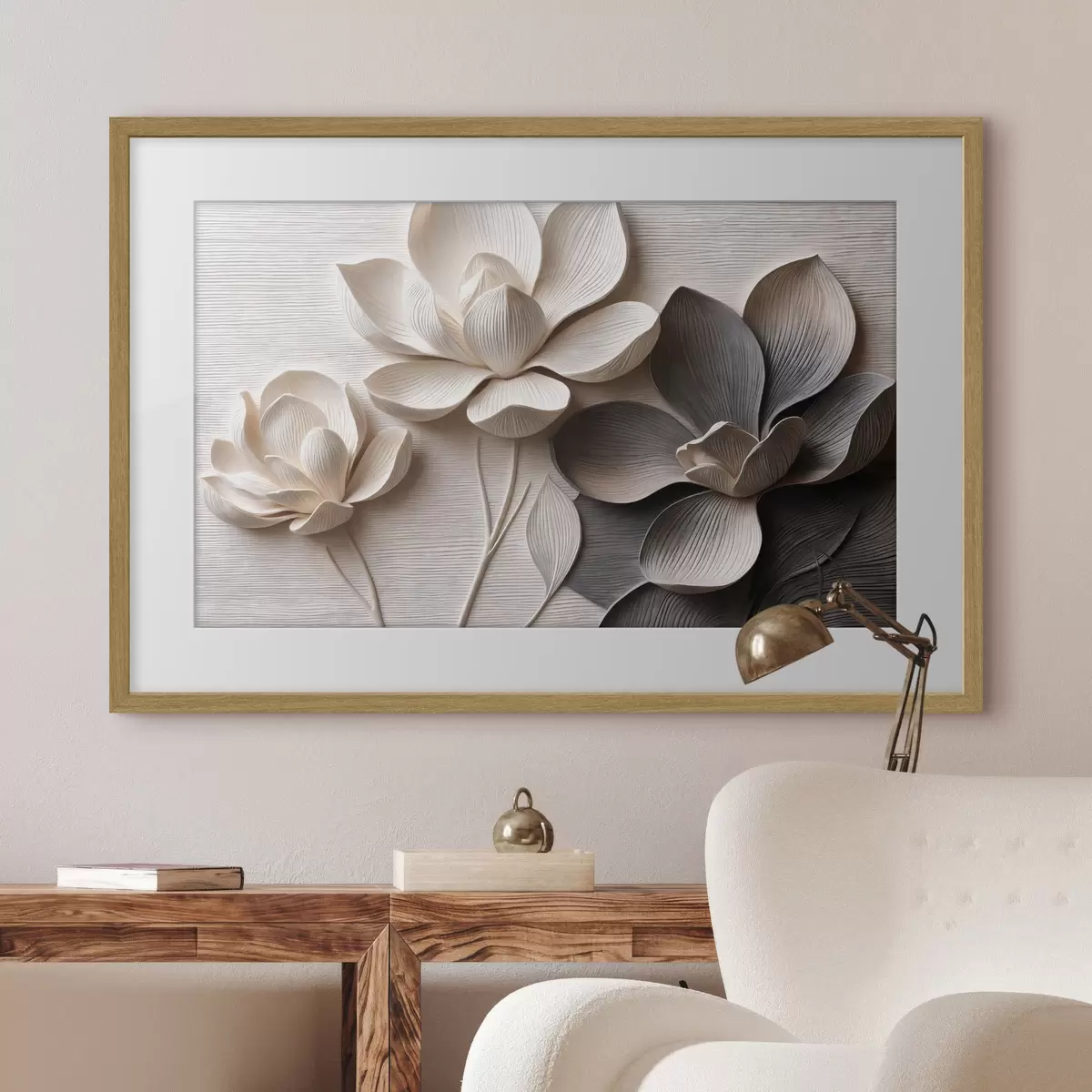 Poster Dekorative Blumenreliefs in hellen Creme- und Graphitfarben f50014