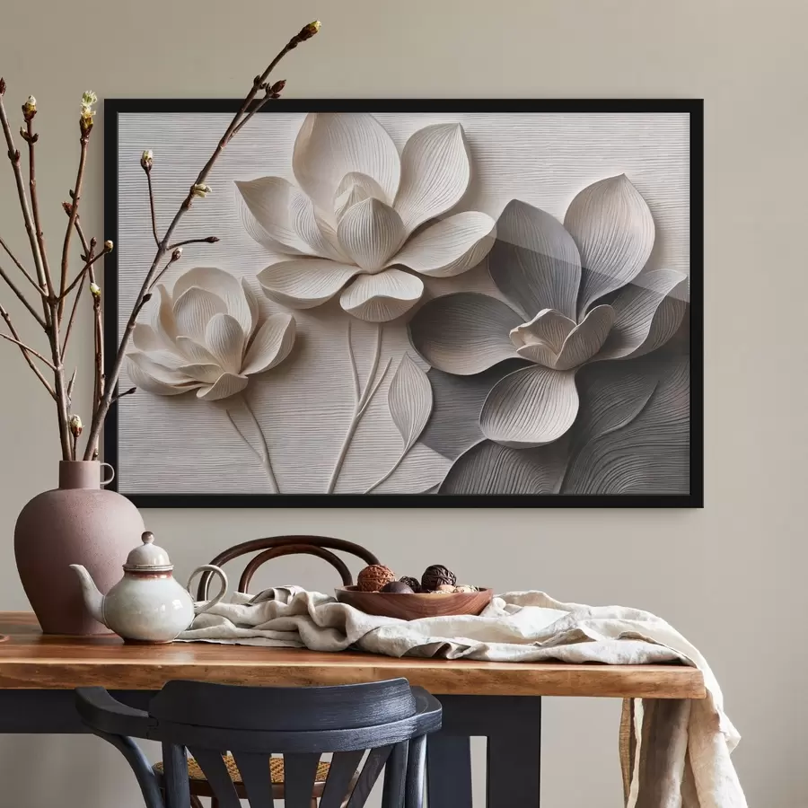 Fototapete Dekorative Blumenreliefs in hellen Creme- und Graphitfarben f50014