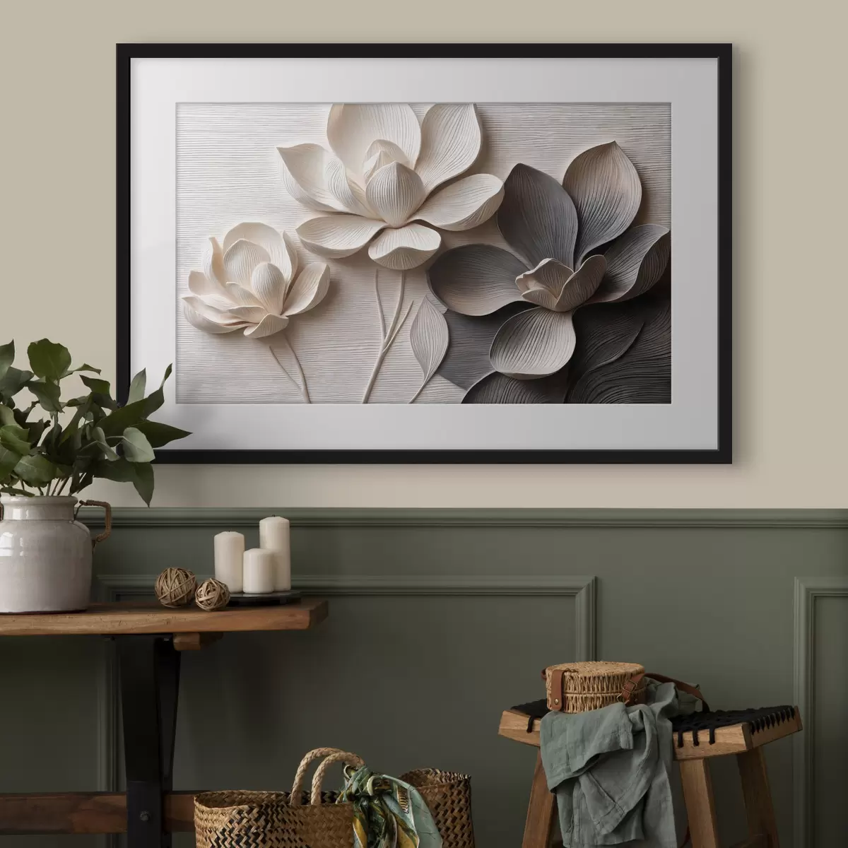 Poster Dekorative Blumenreliefs in hellen Creme- und Graphitfarben f50014