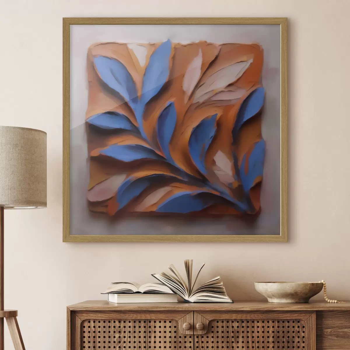 Poster Ein plastisches botanisches Bild mit blauen Blättern auf terrakottafarbenem Hintergrund, in Impasto-Technik ausgeführt f50018