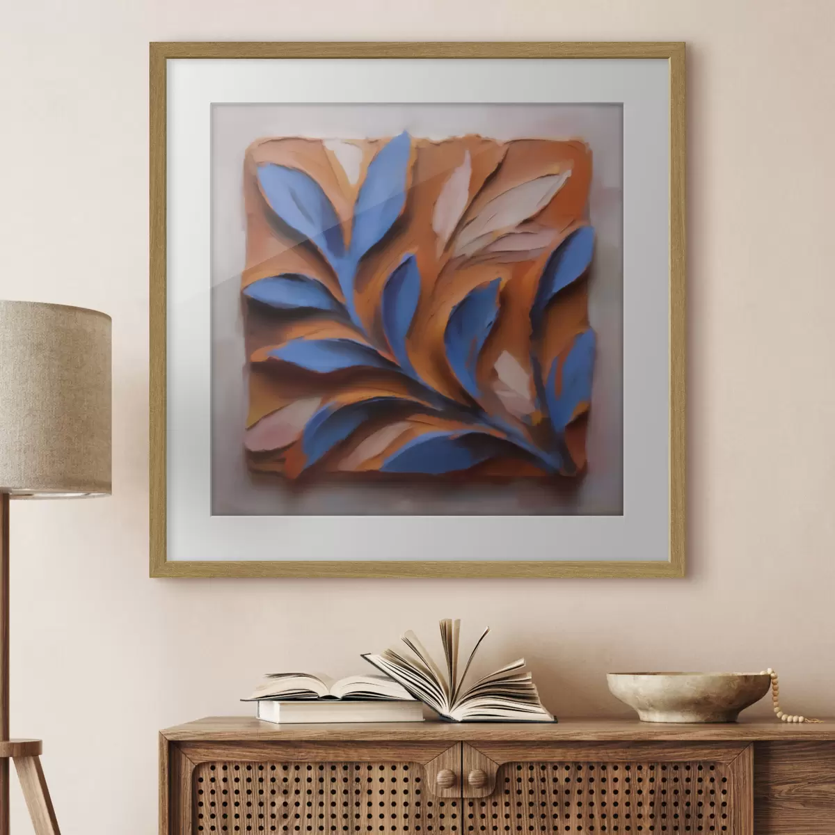 Poster Ein plastisches botanisches Bild mit blauen Blättern auf terrakottafarbenem Hintergrund, in Impasto-Technik ausgeführt f50018
