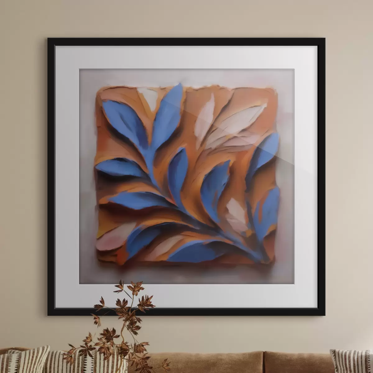 Poster Ein plastisches botanisches Bild mit blauen Blättern auf terrakottafarbenem Hintergrund, in Impasto-Technik ausgeführt f50018