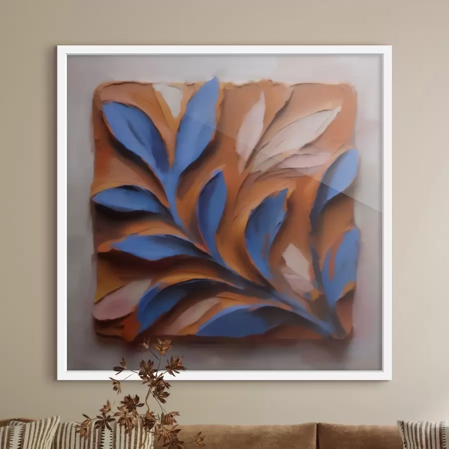 Fototapete Ein plastisches botanisches Bild mit blauen Blättern auf terrakottafarbenem Hintergrund, in Impasto-Technik ausgeführt f50018