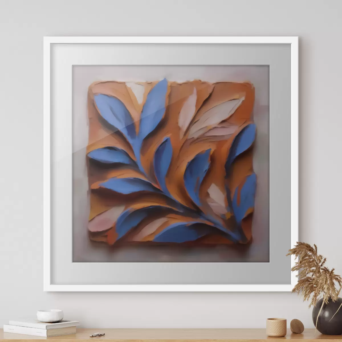 Poster Ein plastisches botanisches Bild mit blauen Blättern auf terrakottafarbenem Hintergrund, in Impasto-Technik ausgeführt f50018