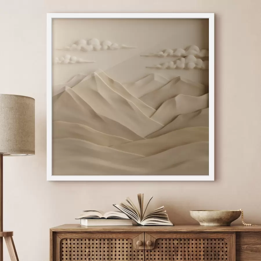 Fototapete Eine minimalistische Landschaft mit plastisch dargestellten Bergen und Wolken im zeitgenössischen Reliefstil f50019