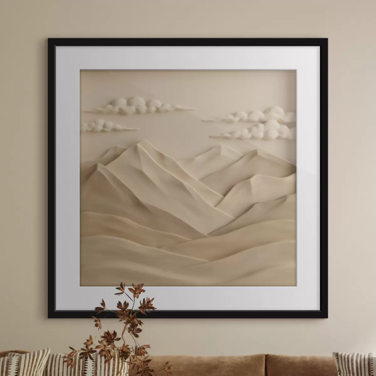 Poster Eine minimalistische Landschaft mit plastisch dargestellten Bergen und Wolken im zeitgenössischen Reliefstil f50019