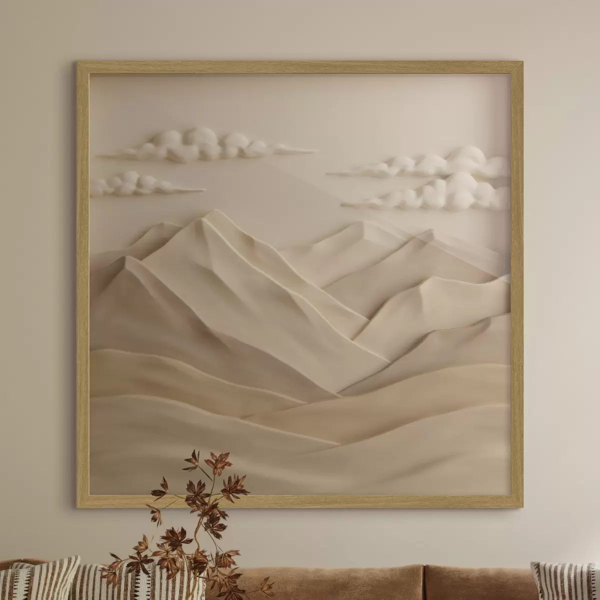 Poster Eine minimalistische Landschaft mit plastisch dargestellten Bergen und Wolken im zeitgenössischen Reliefstil f50019