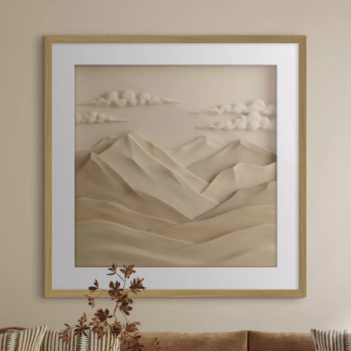 Poster Eine minimalistische Landschaft mit plastisch dargestellten Bergen und Wolken im zeitgenössischen Reliefstil f50019