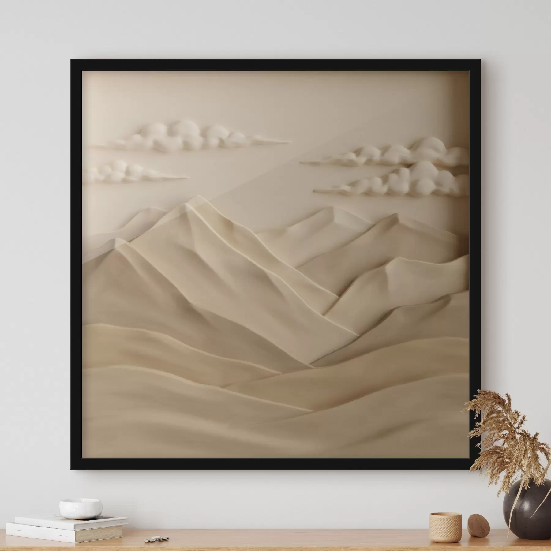 Fototapete Eine minimalistische Landschaft mit plastisch dargestellten Bergen und Wolken im zeitgenössischen Reliefstil f50019