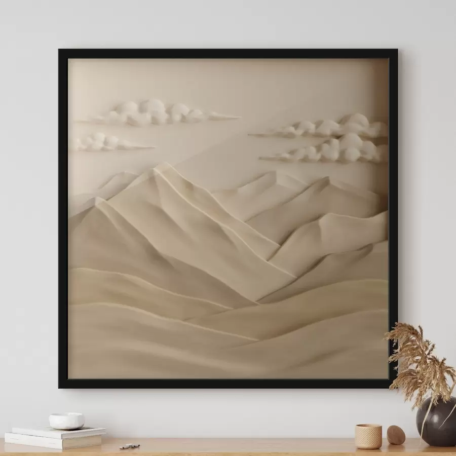 Fototapete Eine minimalistische Landschaft mit plastisch dargestellten Bergen und Wolken im zeitgenössischen Reliefstil f50019