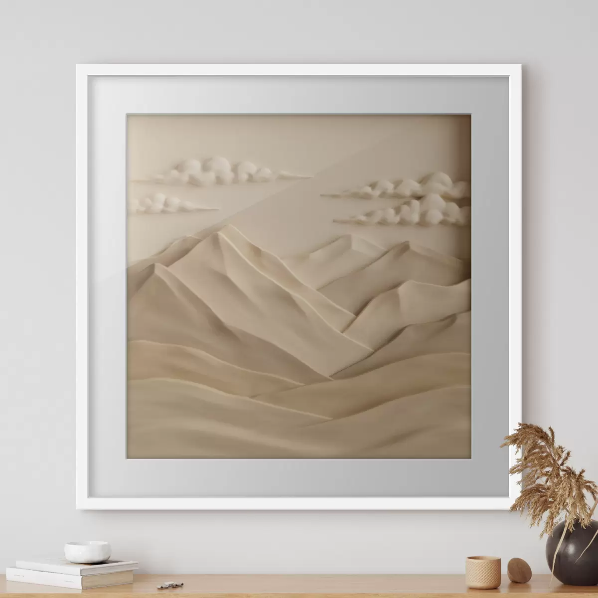 Poster Eine minimalistische Landschaft mit plastisch dargestellten Bergen und Wolken im zeitgenössischen Reliefstil f50019