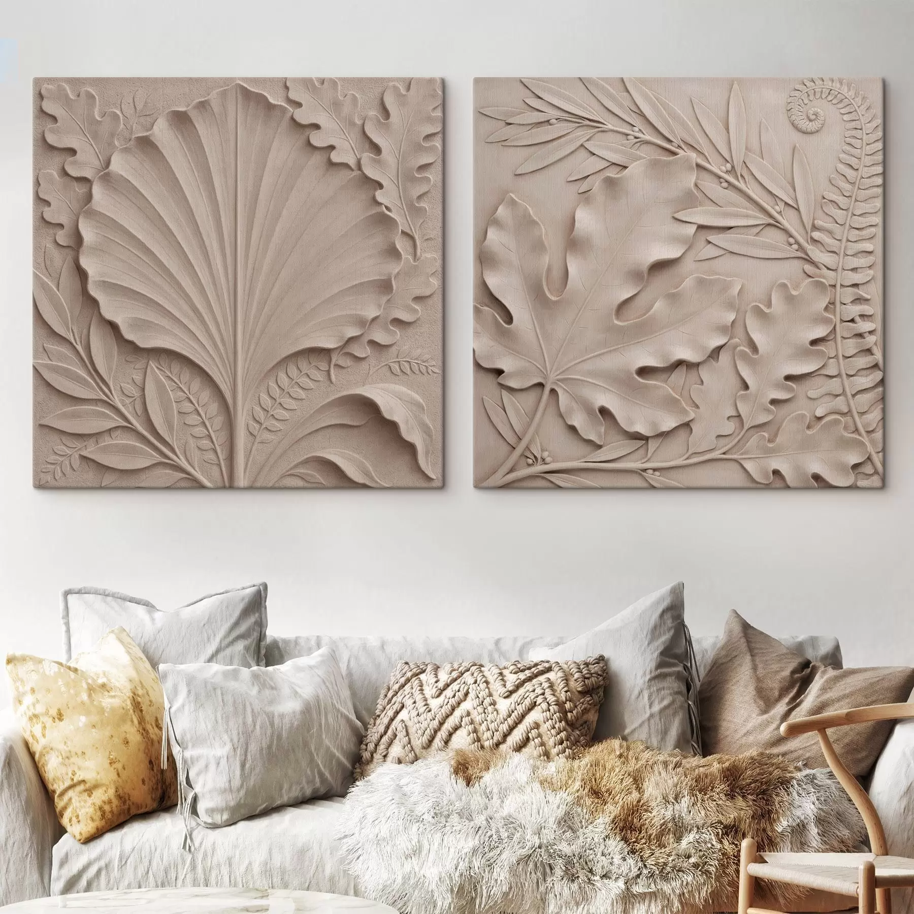 Fototapete Ein dreidimensionales botanisches Diptychon mit strukturierten Reliefblättern in einer Farbpalette aus Beige- und Sandtönen m30762
