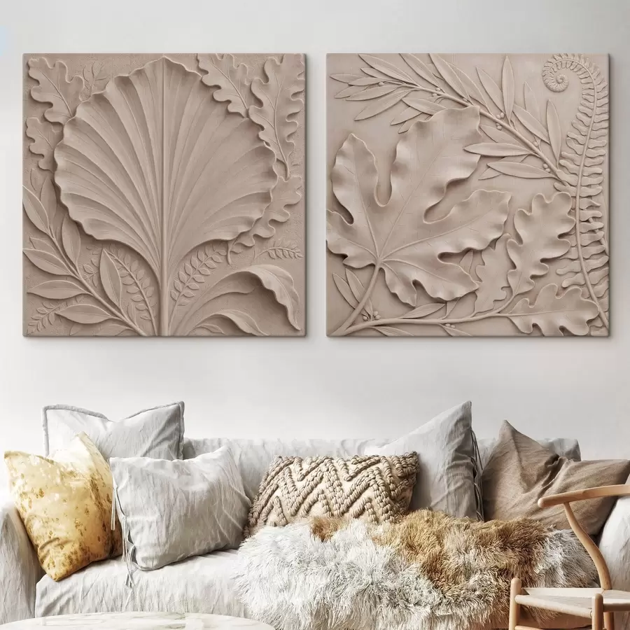 Fototapete Ein dreidimensionales botanisches Diptychon mit strukturierten Reliefblättern in einer Farbpalette aus Beige- und Sandtönen m30762