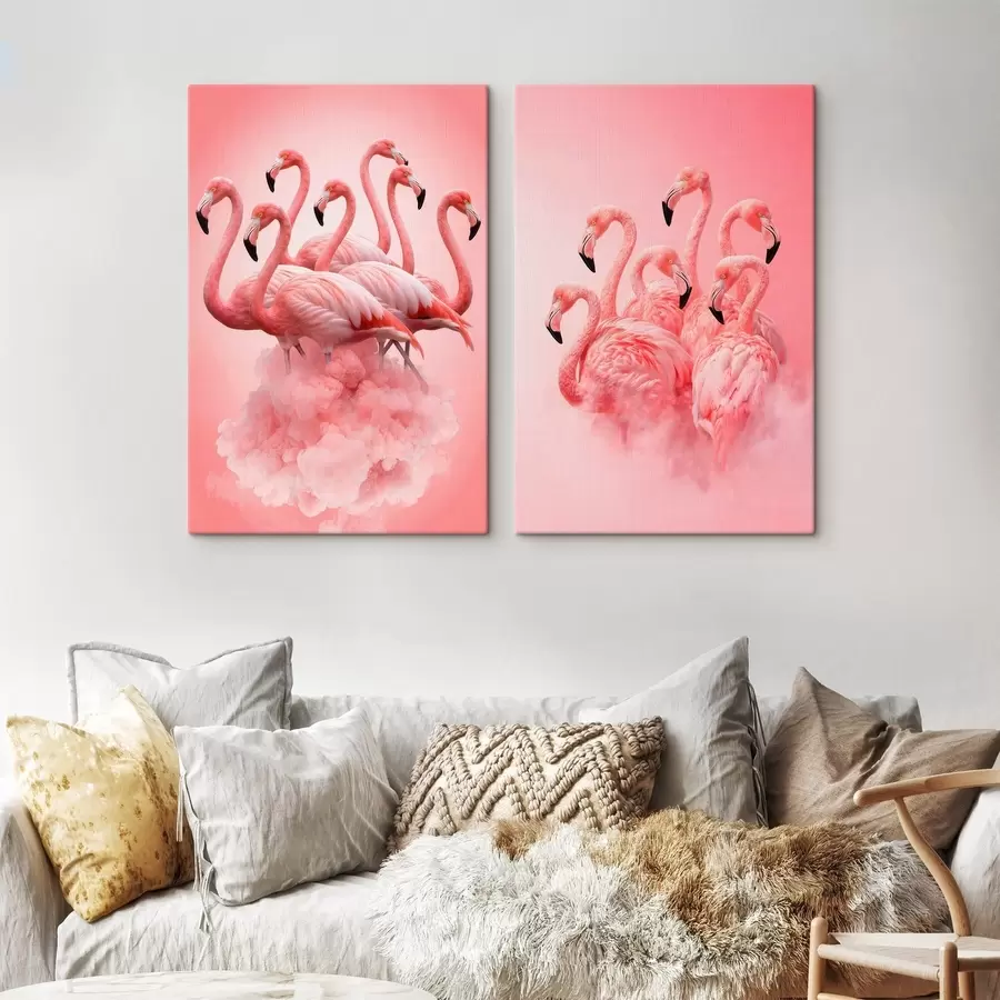 Fototapete Eine zweiteilige Komposition mit Korallenflamingos im Stil zeitgenössischer Kunstillustrationen m30764