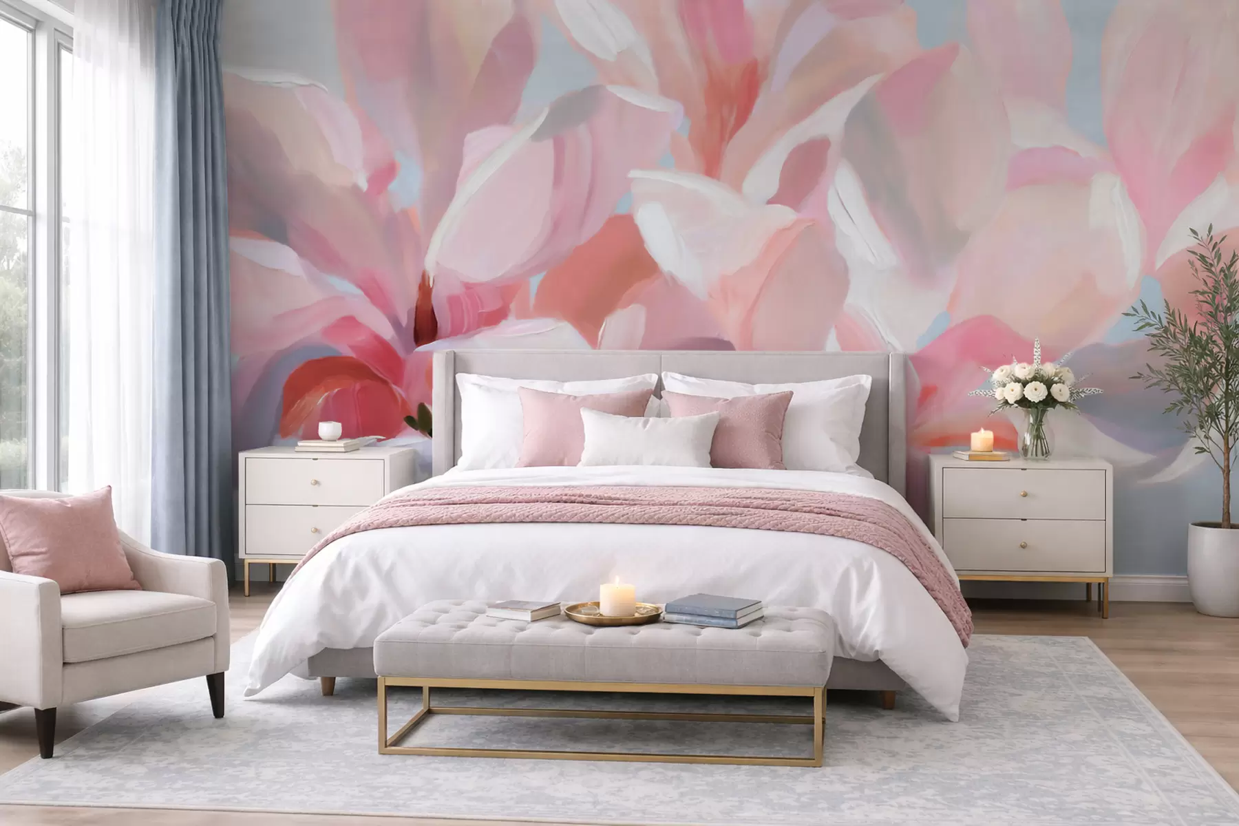 Fototapete Nahaufnahme einer rosa Magnolie, im Stil einer sanften, malerischen Technik w10043