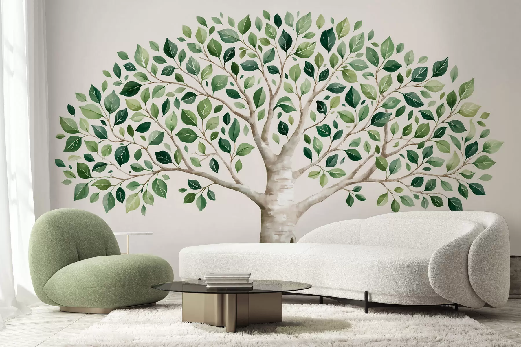 Fototapete Baum mit grünem Laub, im Aquarellstil, minimalistisch w10046