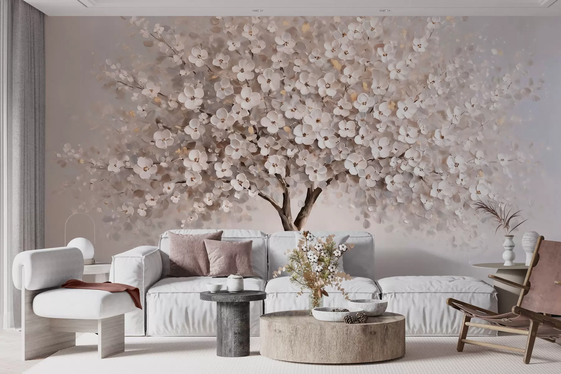 Fototapete Luftiger Baum in Pastelltönen im Ölgemälde-Stil mit kräftigen Pinselstrichen w10050