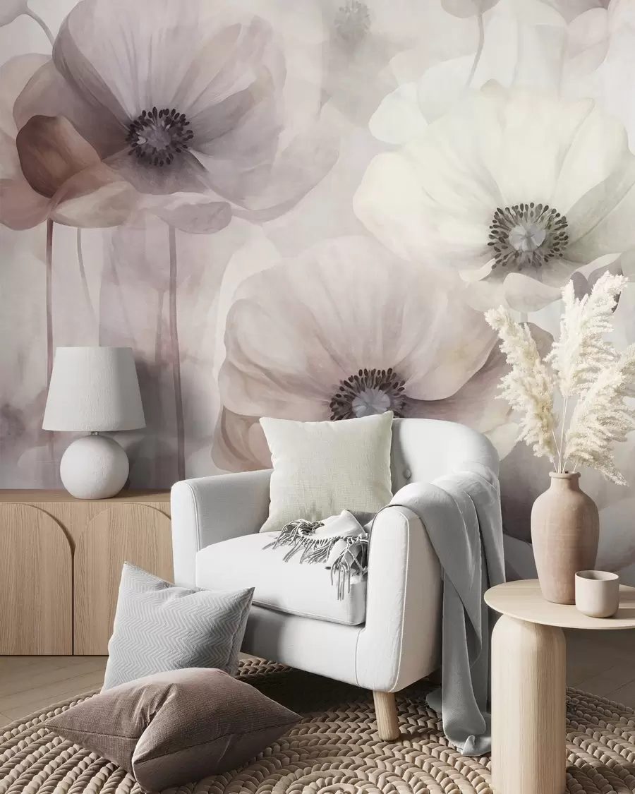 Fototapete Blassrosa und beigefarbene Mohnblumen mit zarten Blütenblättern w10029