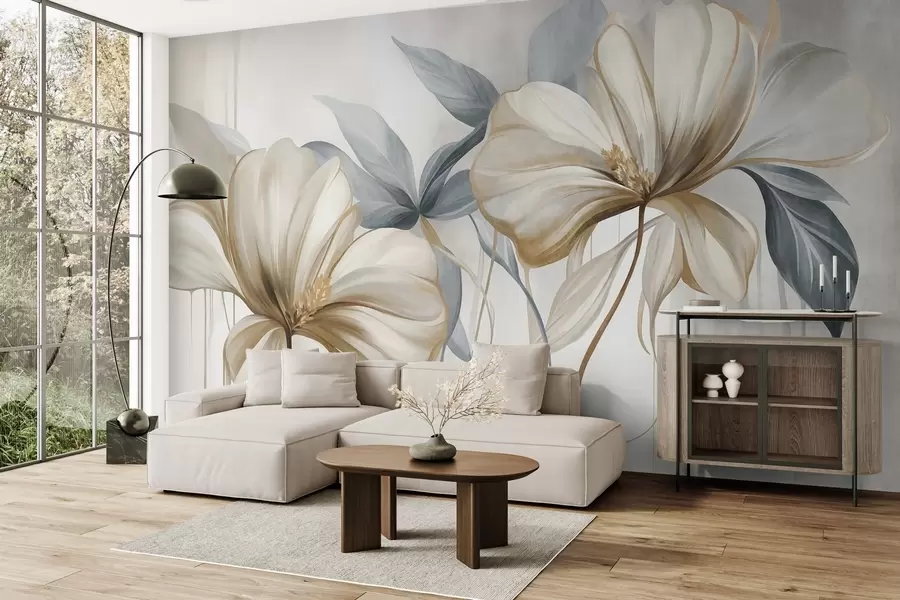 Fototapete Abstrakte, zarte Blumen mit dünnen, braunen Stielen und blassblauen Blättern, strukturiert w10058