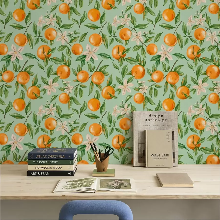 Fototapete Orangen, grüne Blätter und weiße Blüten auf mintfarbenem Hintergrund a01262