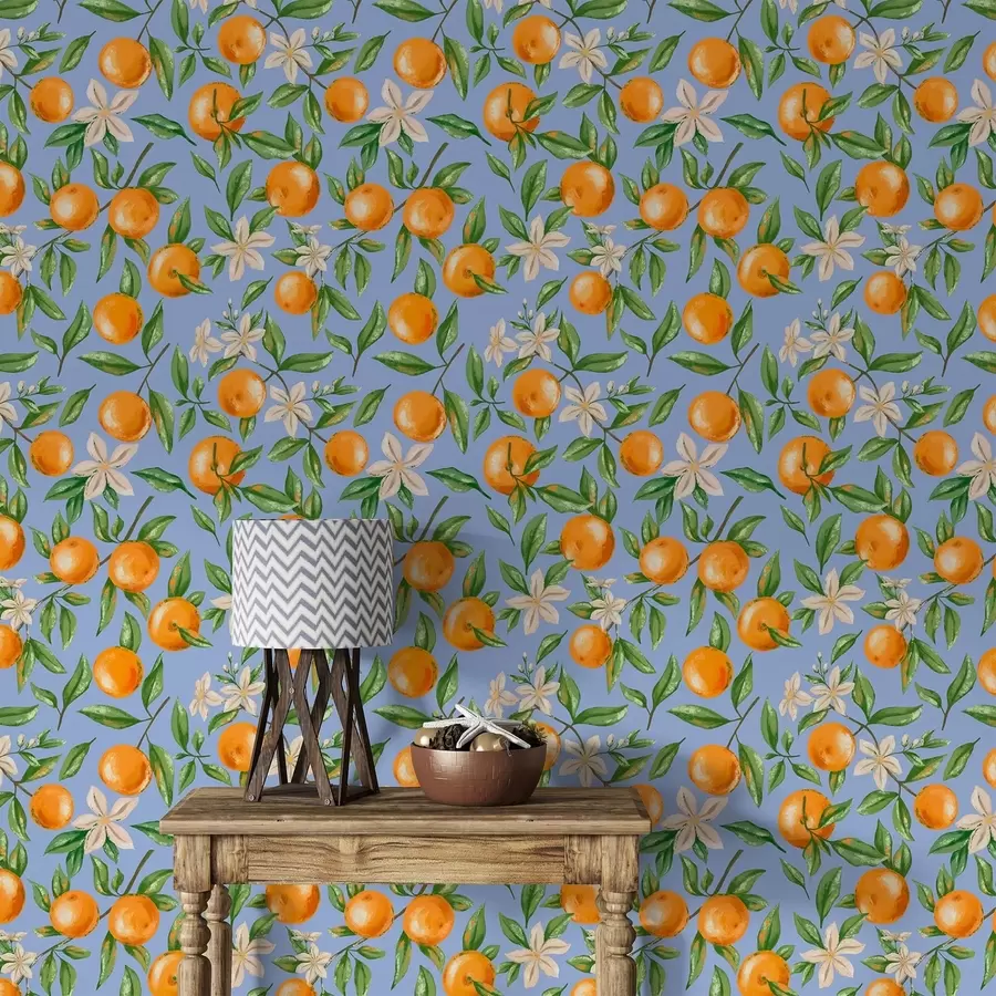 Fototapete Orangen, grüne Blätter und weiße Blüten auf blauem Hintergrund a01262v2