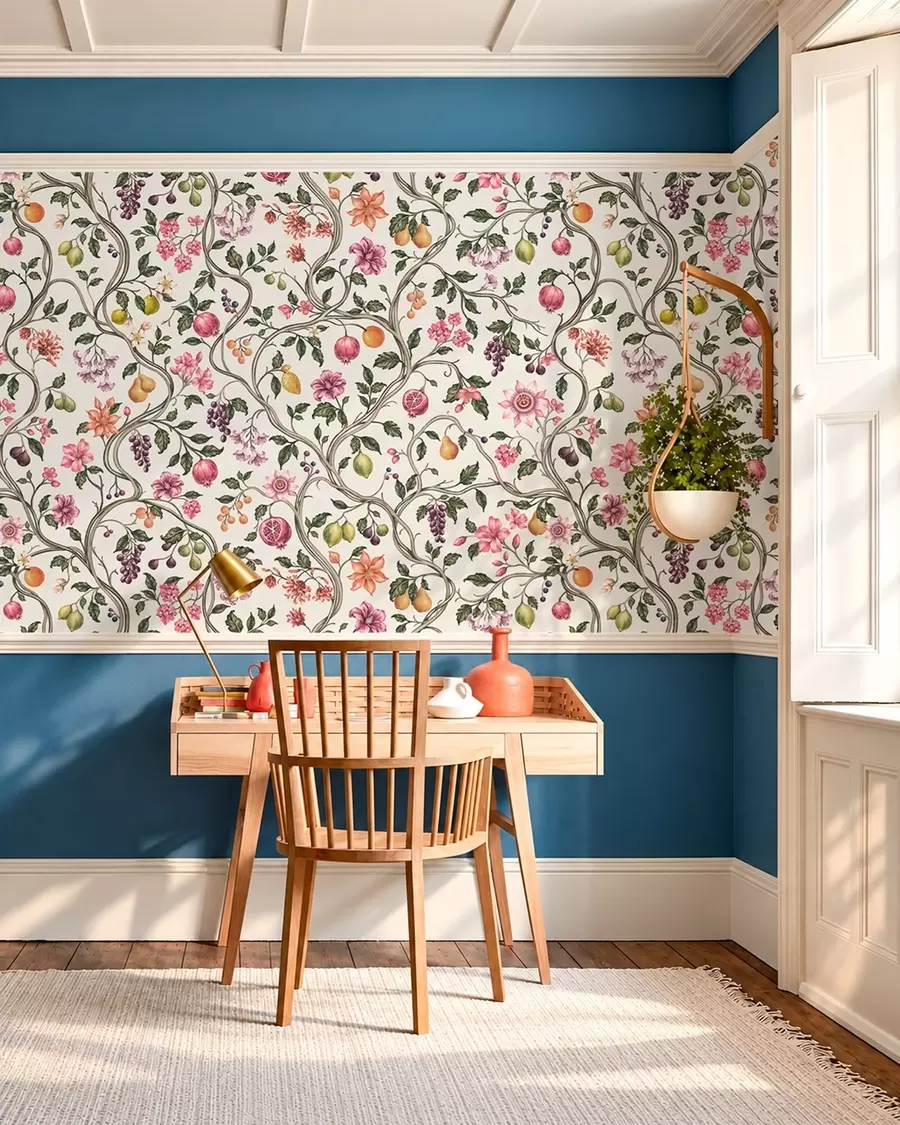 Fototapete Blumen- und Fruchtmotiv mit sich umschlingenden Zweigen w05862v1