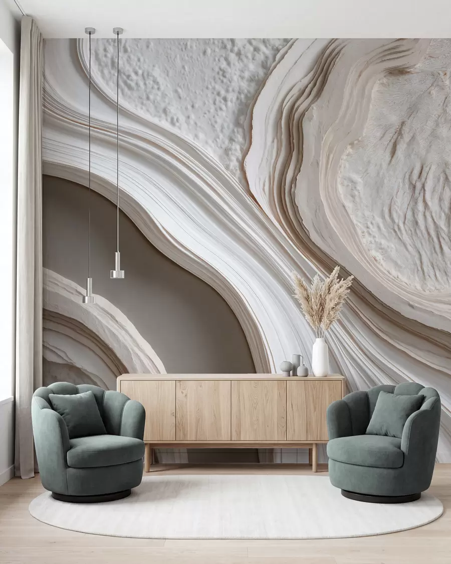 Fototapete Imitation von wellenförmig strukturiertem Putz in creme-beigen Farbtönen mit 3D-Effekt w10042