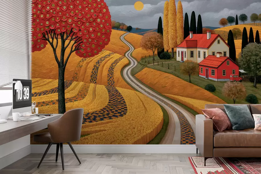 Fototapete Nachbildung einer malerischen toskanischen Landschaft in Ölmalerei-Strichen, mit einem roten Baum, einer kurvenreichen Straße und einem Bauernhaus w10049