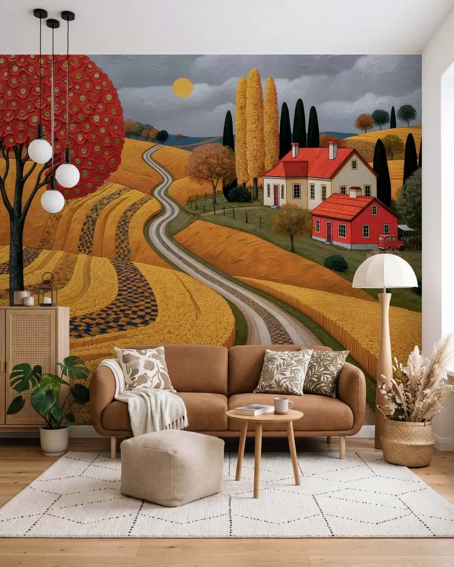 Fototapete Nachbildung einer malerischen toskanischen Landschaft in Ölmalerei-Strichen, mit einem roten Baum, einer kurvenreichen Straße und einem Bauernhaus w10049