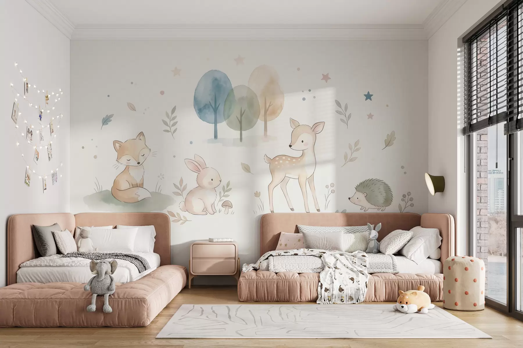 Fototapete Waldtiere: Fuchs, Hase, Reh, Igel  im Aquarellstil w10068