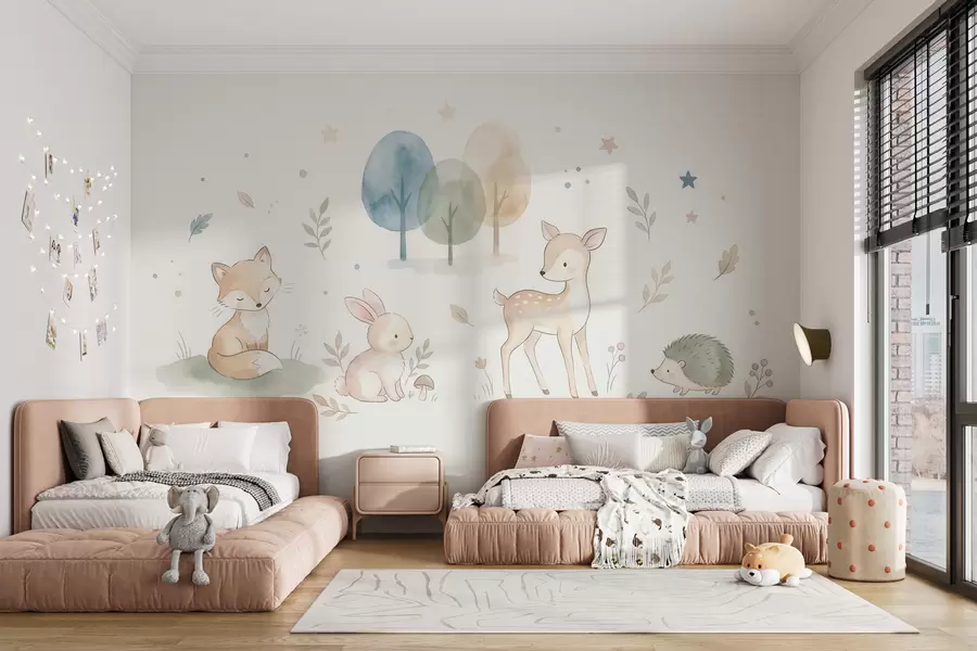Fototapete Waldtiere: Fuchs, Hase, Reh, Igel  im Aquarellstil w10068