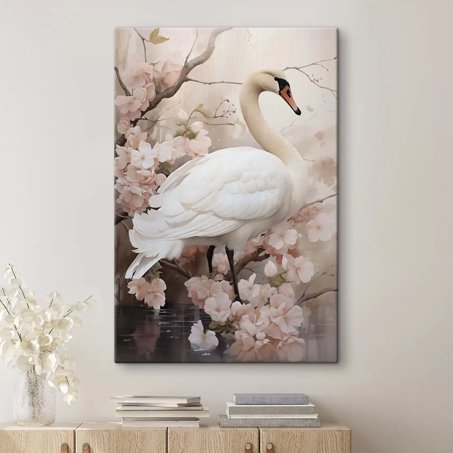 Fototapete Weißer Schwan im blühenden Garten s50743
