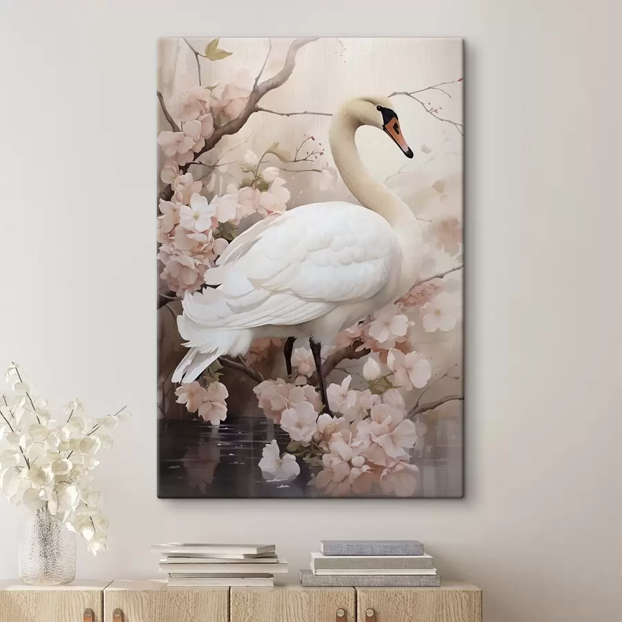 Fototapete Weißer Schwan im blühenden Garten s50743