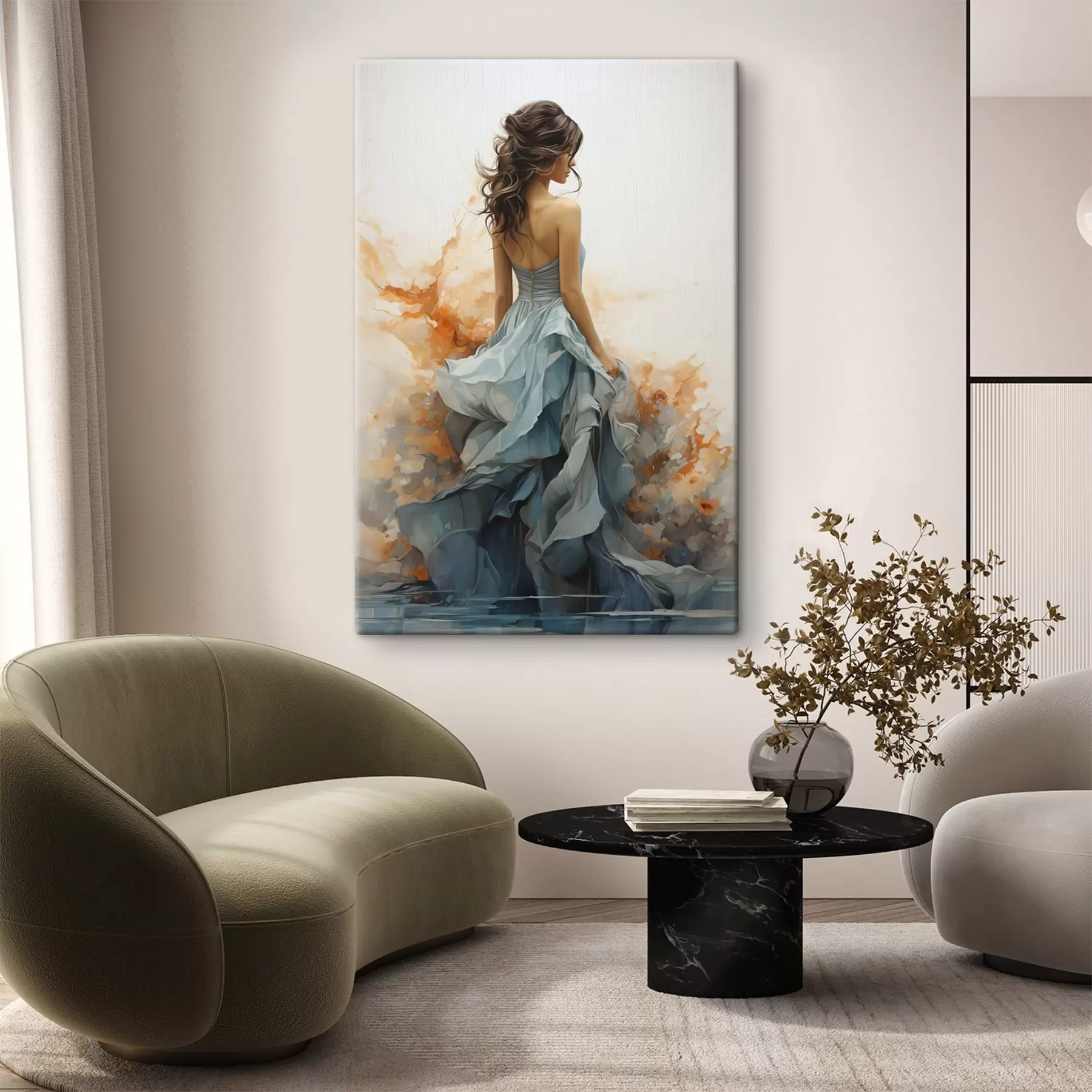 Fototapete Frau in einem wallenden blauen Kleid s50747