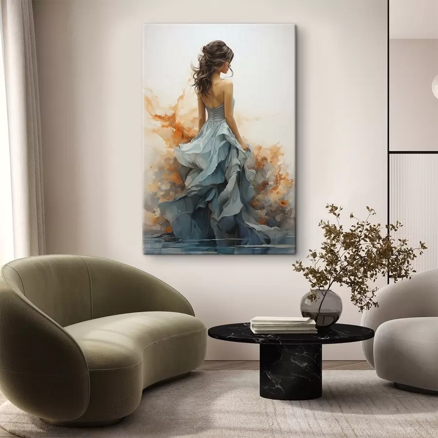 Fototapete Frau in einem wallenden blauen Kleid s50747