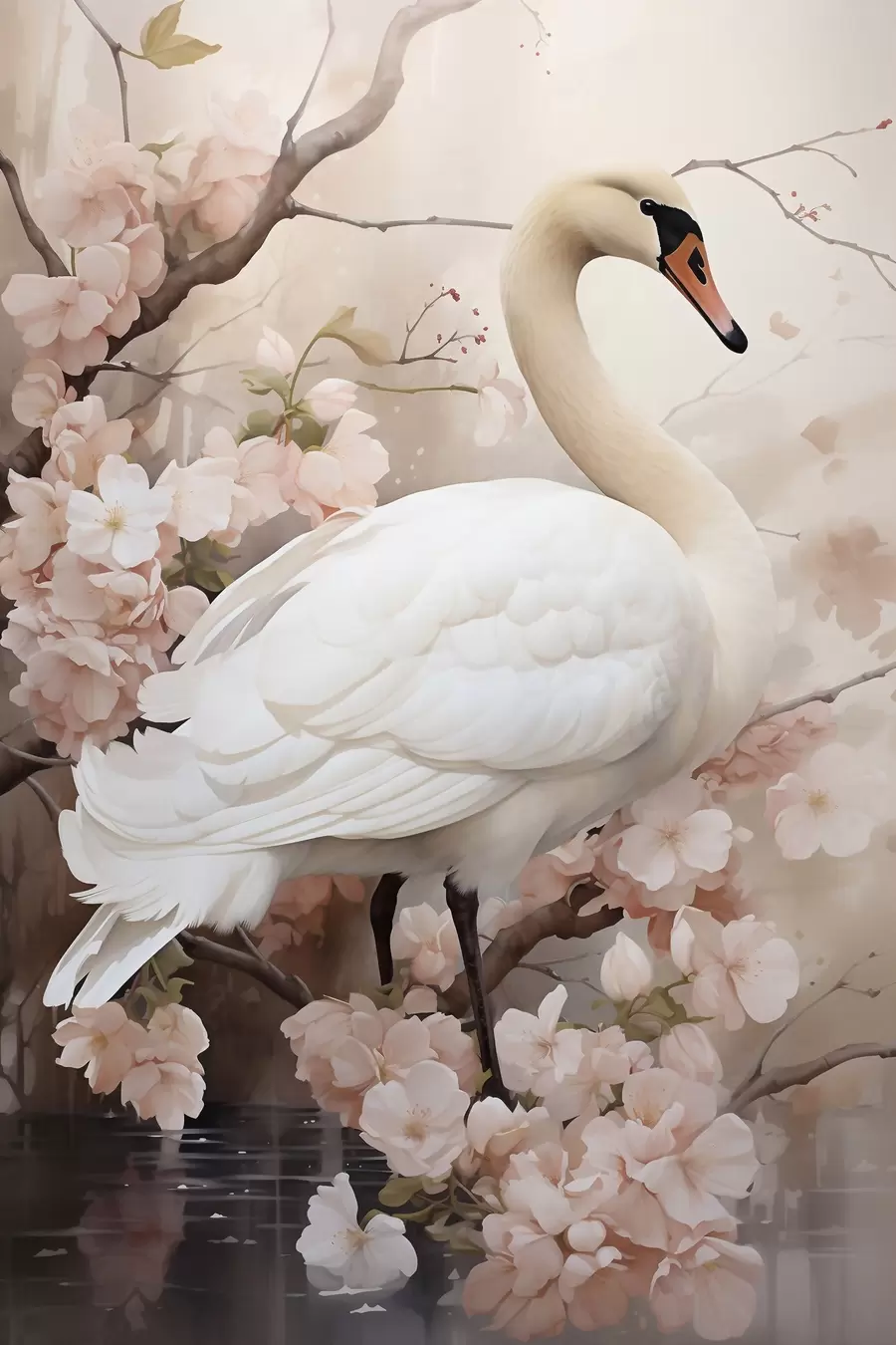 Fototapete Weißer Schwan im blühenden Garten f50743