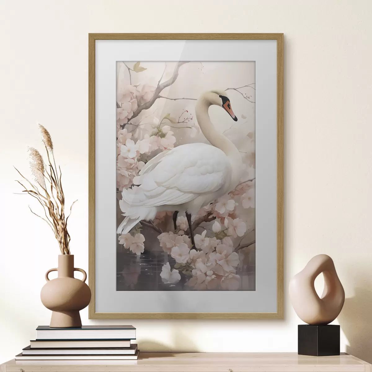 Poster Weißer Schwan im blühenden Garten f50743