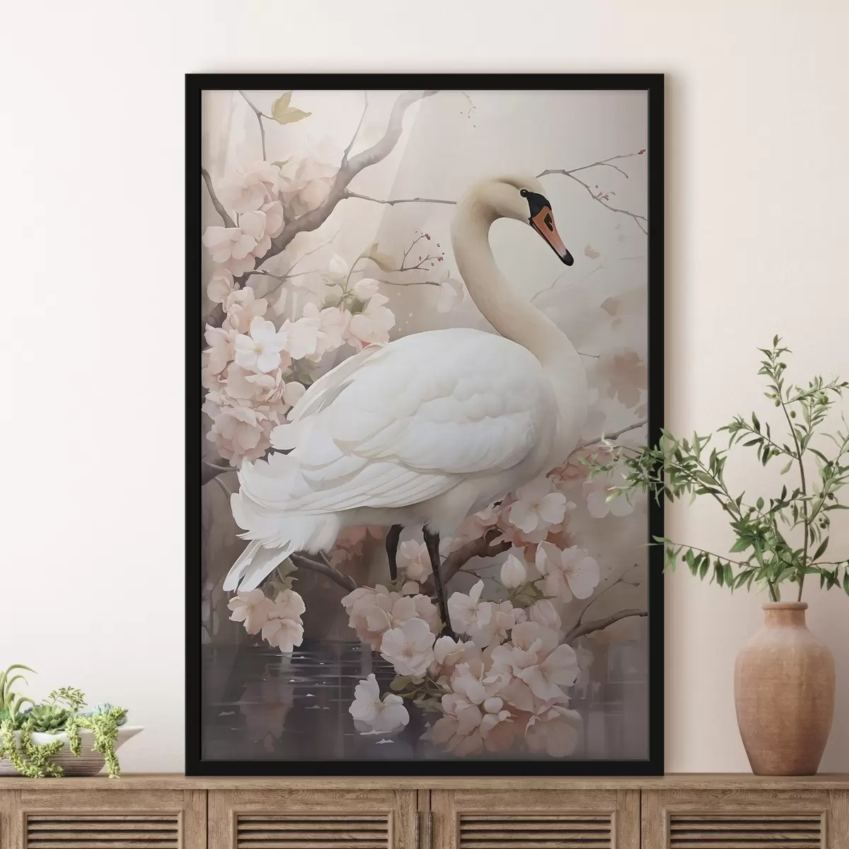 Poster Weißer Schwan im blühenden Garten f50743