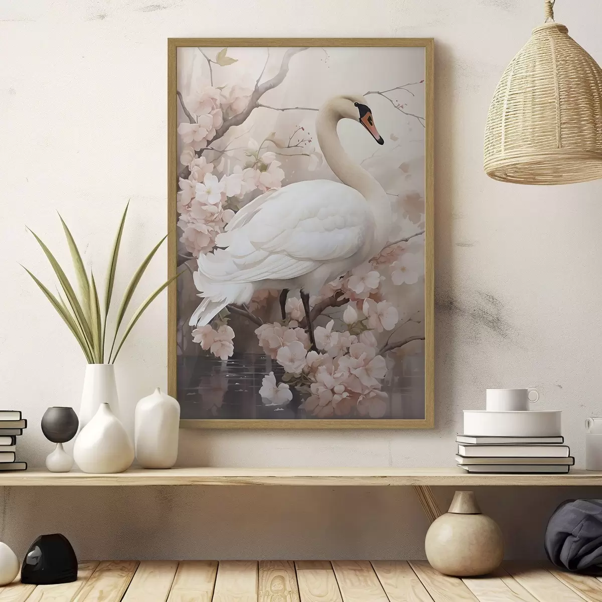 Poster Weißer Schwan im blühenden Garten f50743